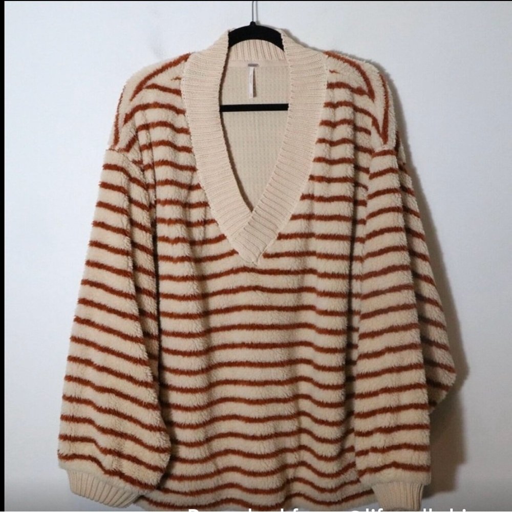 Free People Connell Striped Faux Fur Fleece Sweater Medium V Neck Oversized